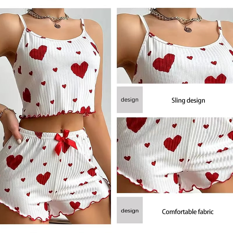 Summer Women’s Pajama Set – Soft & Breathable Love Print | Cute Sleeveless Top & Strap Shorts for Cozy Nights