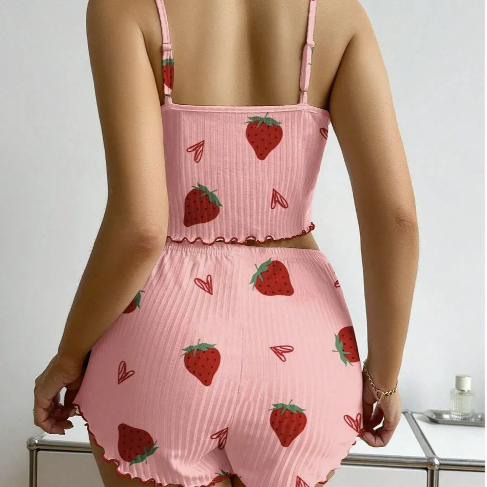 Women’s Strawberry Print Pajama Set – Ribbed Top with Hearts & Bow + Comfy Shorts | Cute Summer Loungewear