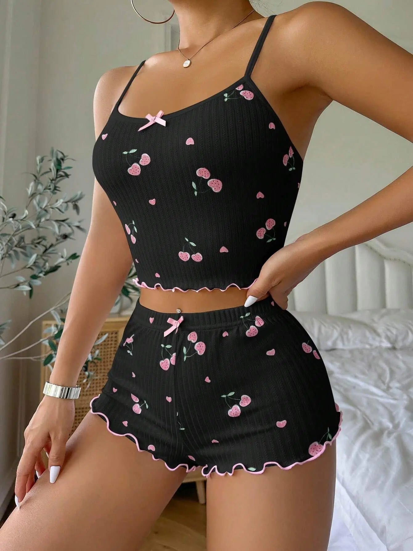 Women’s Summer Pajama Set – Heart Print Ribbed Crop Cami Top with Bow & Backless Detail + Shorts | Sexy Nightwear