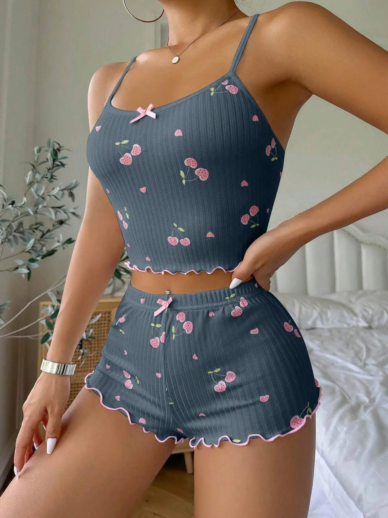 Women’s Summer Pajama Set – Heart Print Ribbed Crop Cami Top with Bow & Backless Detail + Shorts | Sexy Nightwear