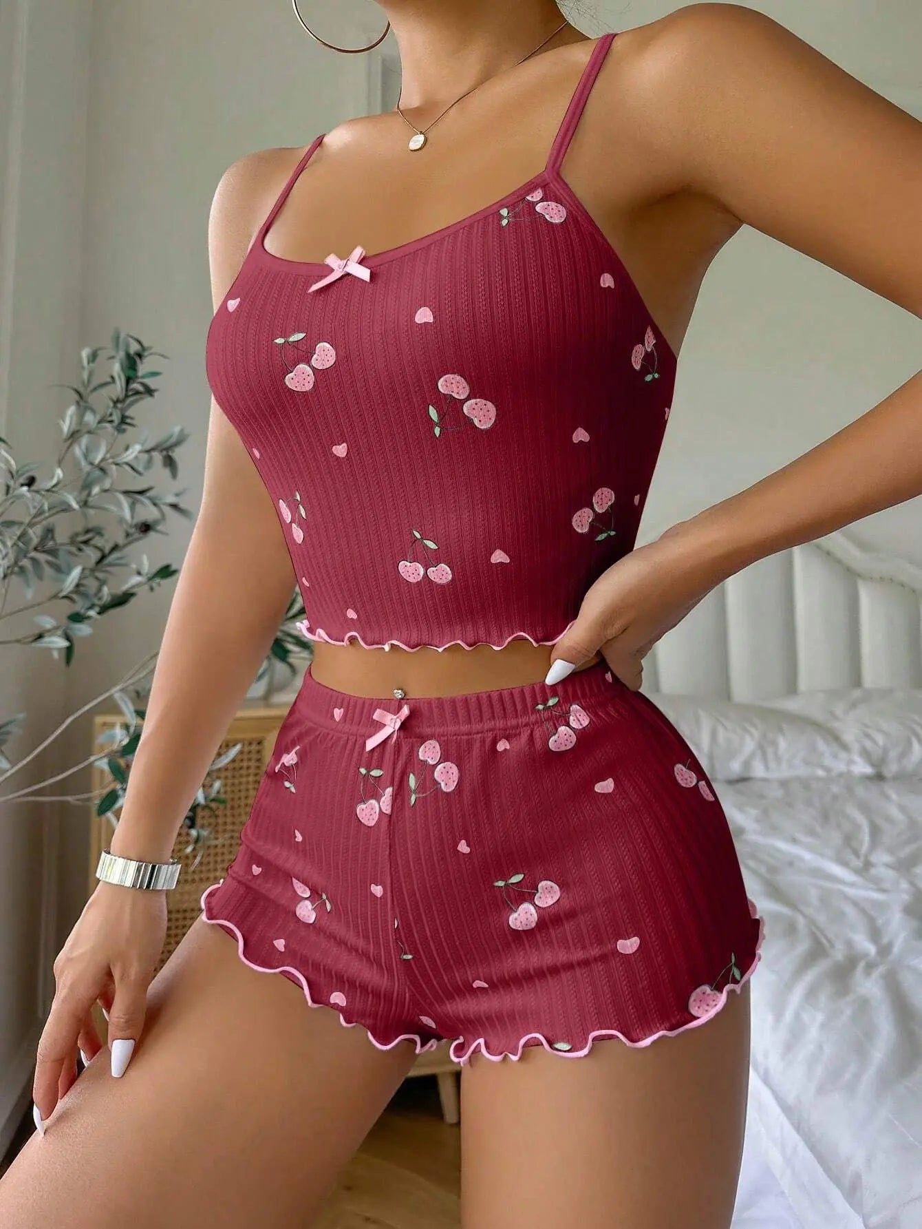 Women’s Summer Pajama Set – Heart Print Ribbed Crop Cami Top with Bow & Backless Detail + Shorts | Sexy Nightwear