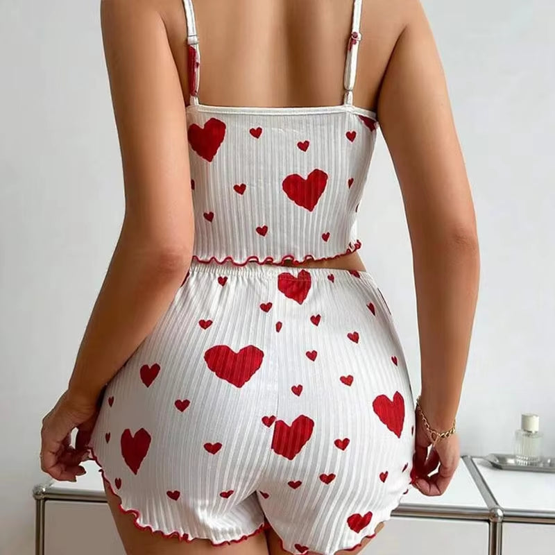 Summer Women’s Pajama Set – Soft & Breathable Love Print | Cute Sleeveless Top & Strap Shorts for Cozy Nights