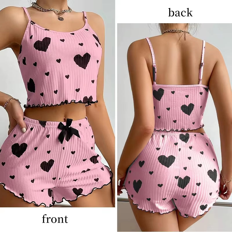 Summer Women’s Pajama Set – Soft & Breathable Love Print | Cute Sleeveless Top & Strap Shorts for Cozy Nights