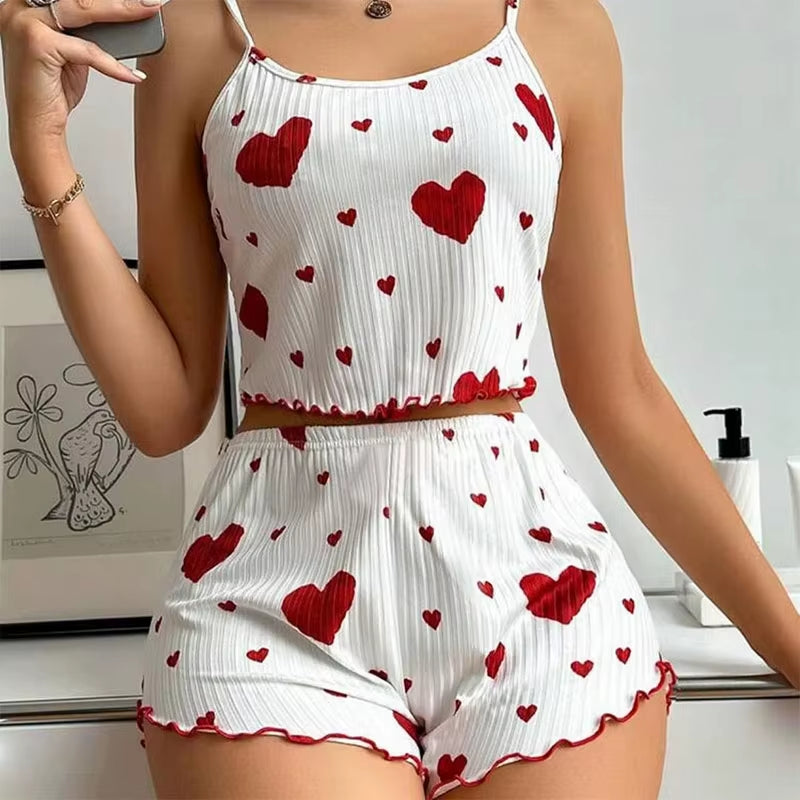 Summer Women’s Pajama Set – Soft & Breathable Love Print | Cute Sleeveless Top & Strap Shorts for Cozy Nights
