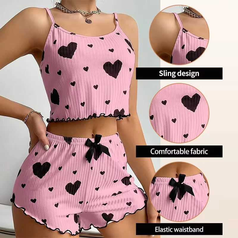 Summer Women’s Pajama Set – Soft & Breathable Love Print | Cute Sleeveless Top & Strap Shorts for Cozy Nights