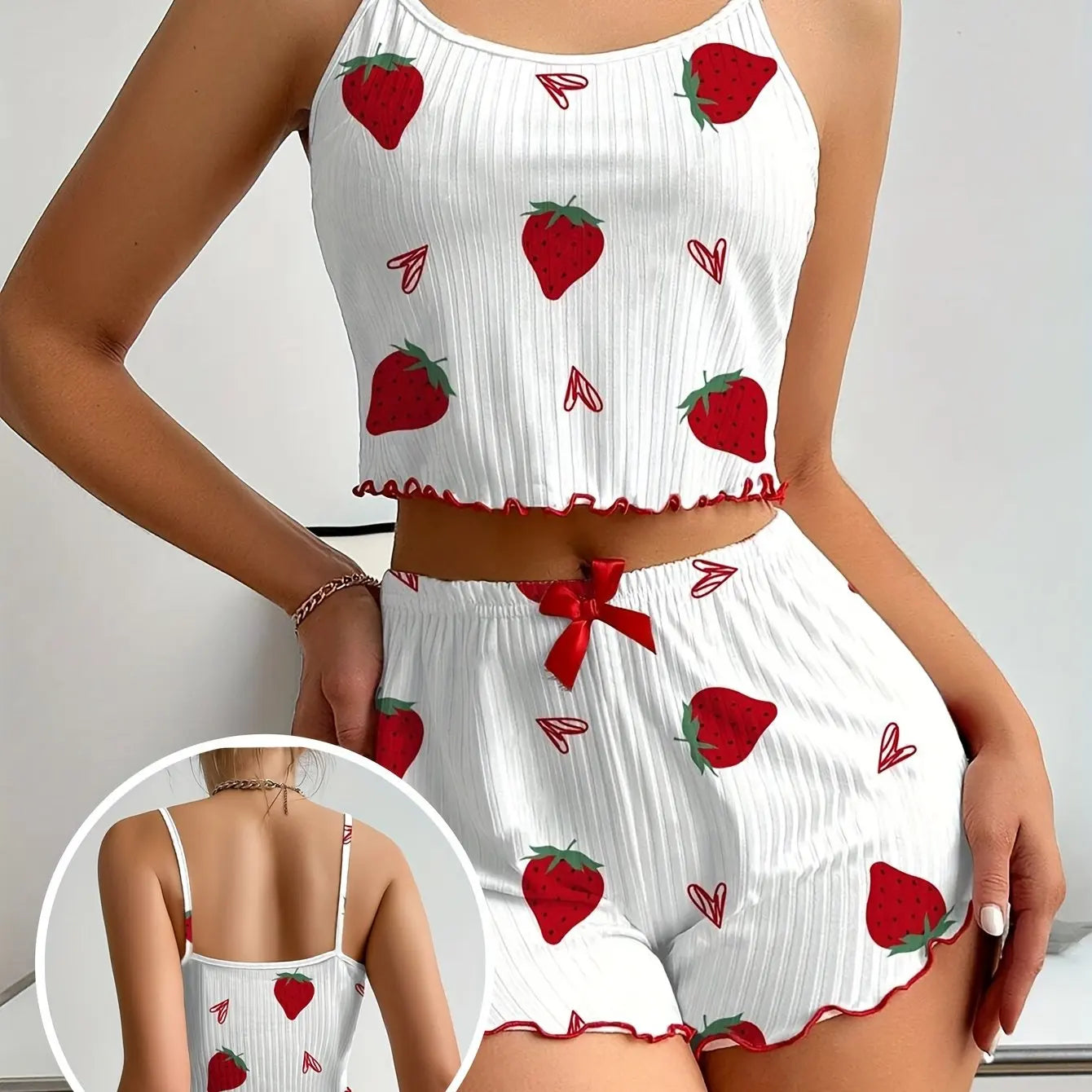 Women’s Strawberry Print Pajama Set – Ribbed Top with Hearts & Bow + Comfy Shorts | Cute Summer Loungewear