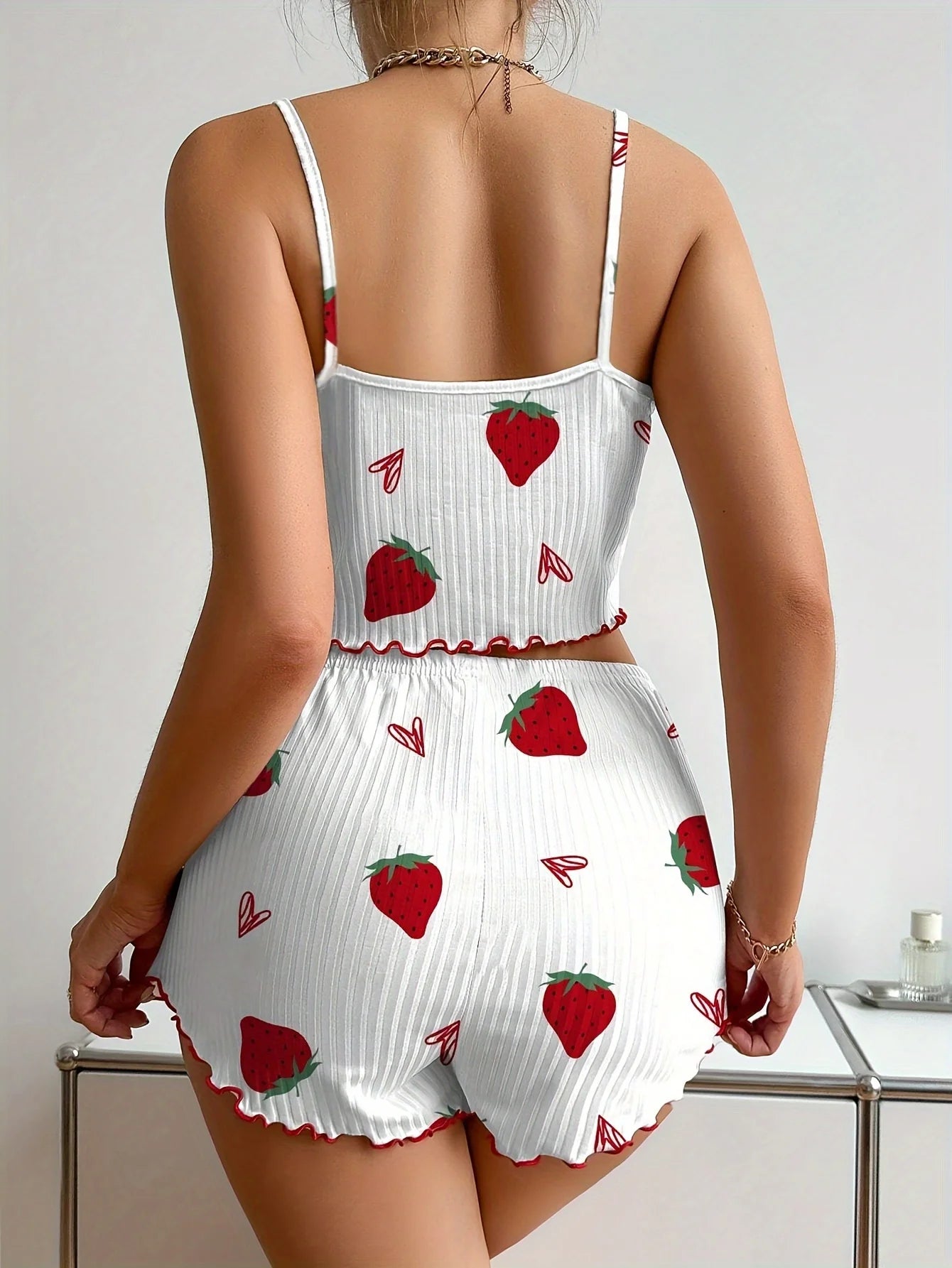Women’s Strawberry Print Pajama Set – Ribbed Top with Hearts & Bow + Comfy Shorts | Cute Summer Loungewear
