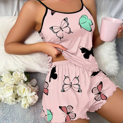 Women’s Butterfly Print Pajama Set – Lettuce Trim Cami Top & Elastic Waist Shorts | Cute & Comfy Loungewear