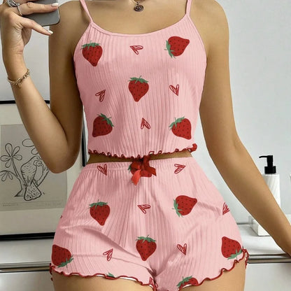 Women’s Strawberry Print Pajama Set – Ribbed Top with Hearts & Bow + Comfy Shorts | Cute Summer Loungewear