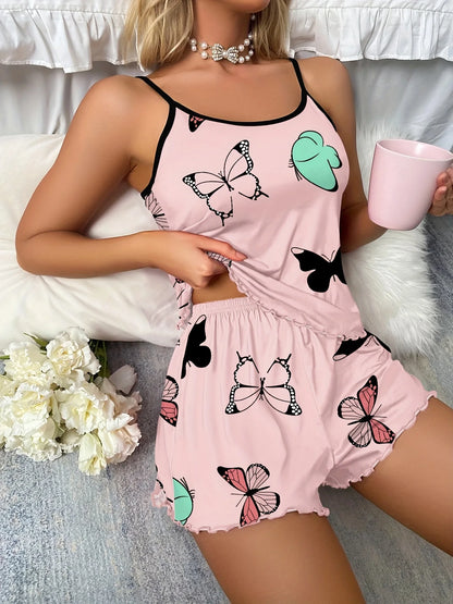 Women’s Butterfly Print Pajama Set – Lettuce Trim Cami Top & Elastic Waist Shorts | Cute & Comfy Loungewear