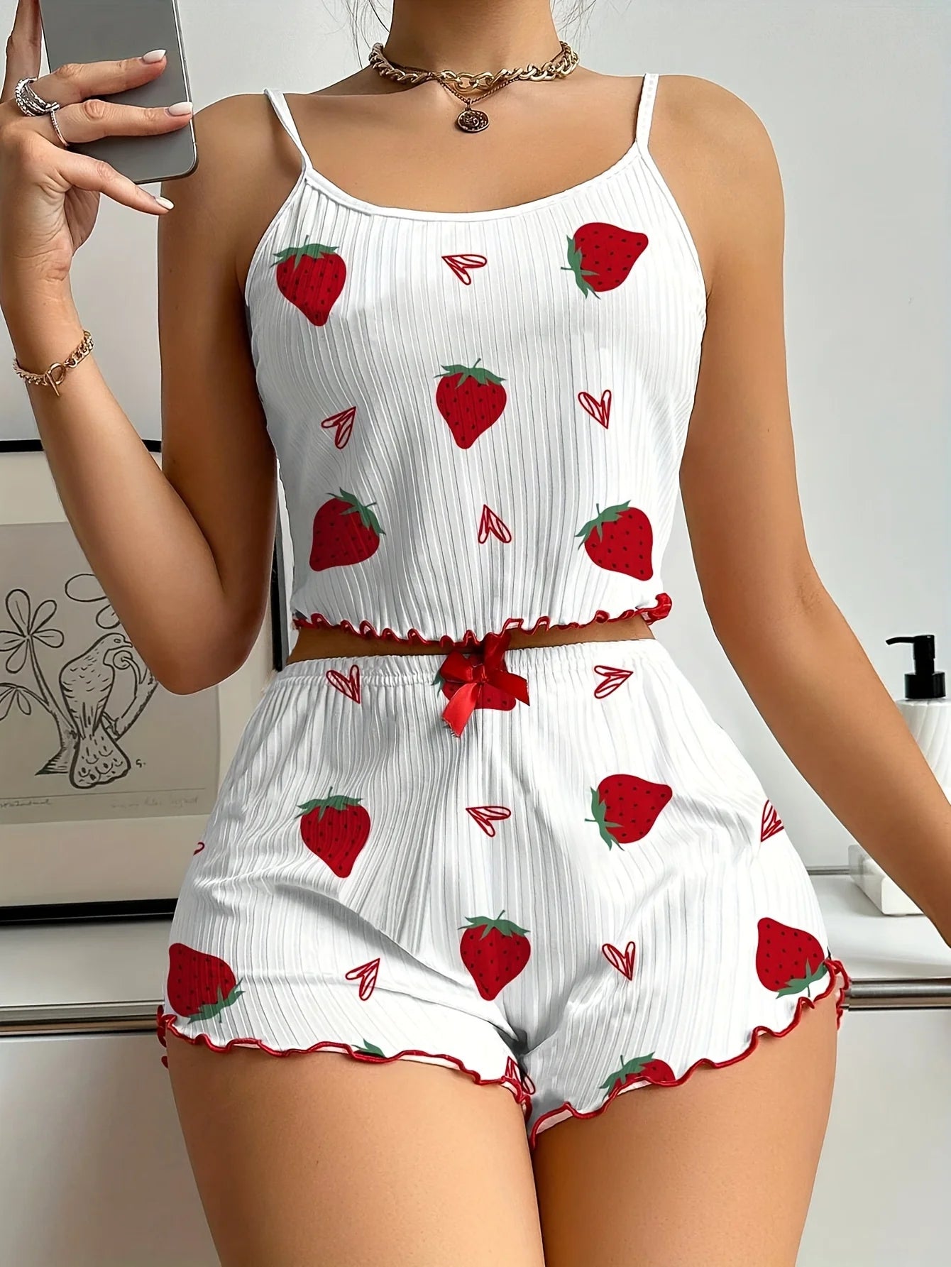 Women’s Strawberry Print Pajama Set – Ribbed Top with Hearts & Bow + Comfy Shorts | Cute Summer Loungewear