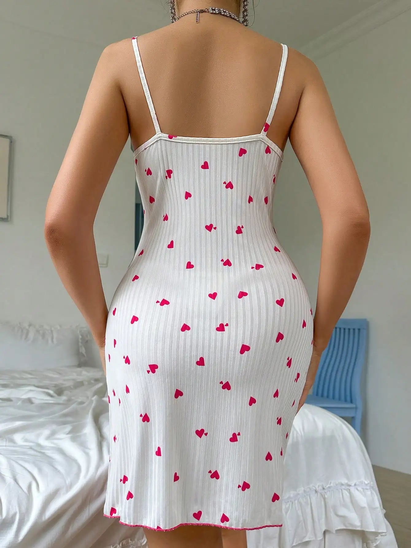 Sexy Women’s Nightgown – Sleeveless Camisole Sleep Dress with Lace Trim, Bow & Heart Print | Elegant Nightwear