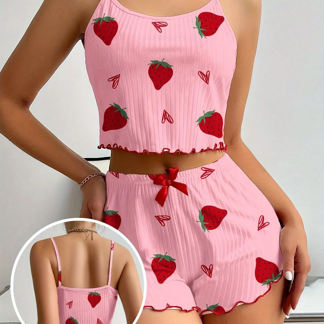 Women’s Strawberry Print Pajama Set – Ribbed Top with Hearts & Bow + Comfy Shorts | Cute Summer Loungewear