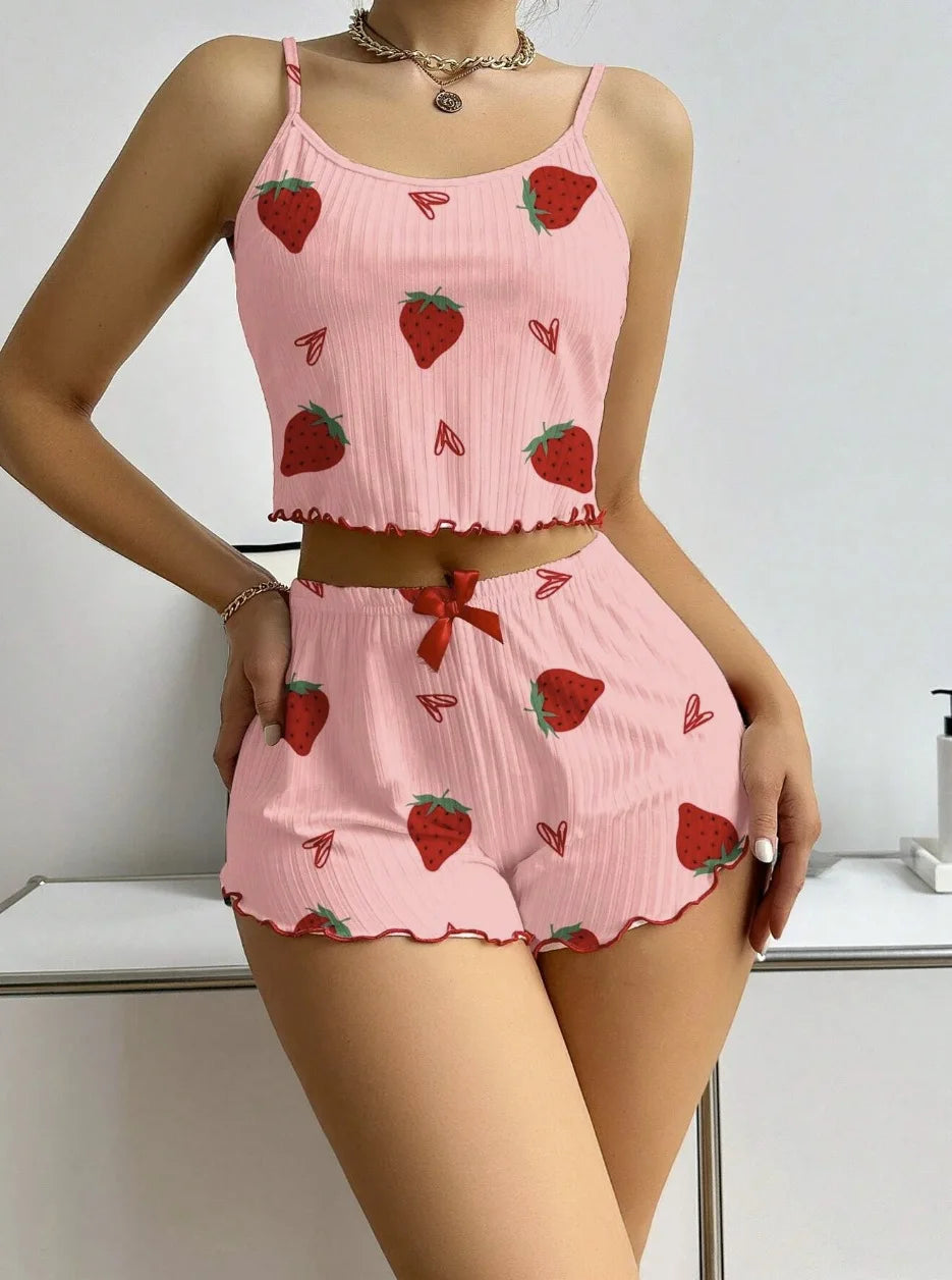 Women’s Strawberry Print Pajama Set – Ribbed Top with Hearts & Bow + Comfy Shorts | Cute Summer Loungewear