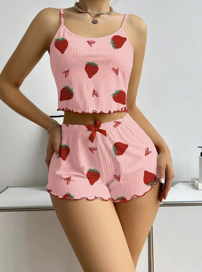 Women’s Strawberry Print Pajama Set – Ribbed Top with Hearts & Bow + Comfy Shorts | Cute Summer Loungewear