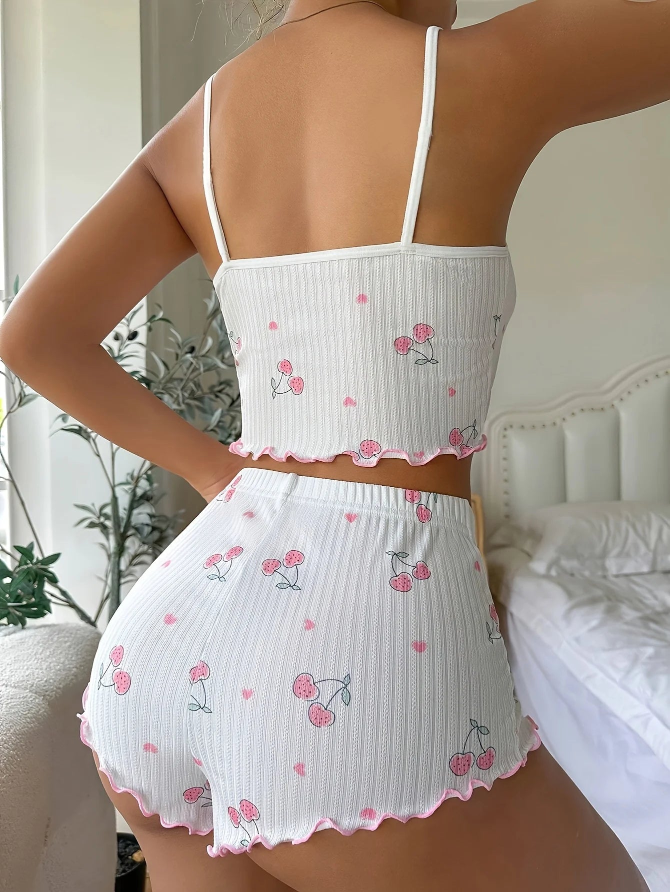 Women’s Summer Pajama Set – Heart Print Ribbed Crop Cami Top with Bow & Backless Detail + Shorts | Sexy Nightwear