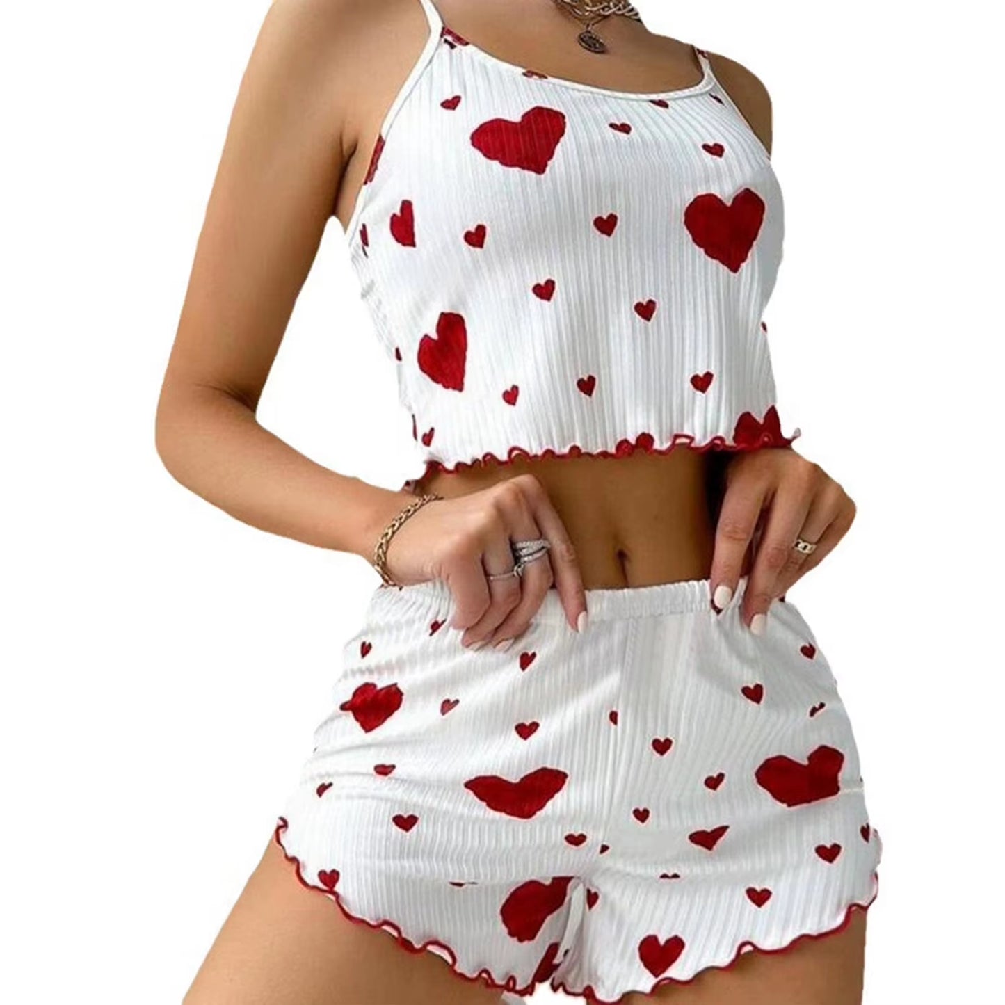 Summer Women’s Pajama Set – Soft & Breathable Love Print | Cute Sleeveless Top & Strap Shorts for Cozy Nights