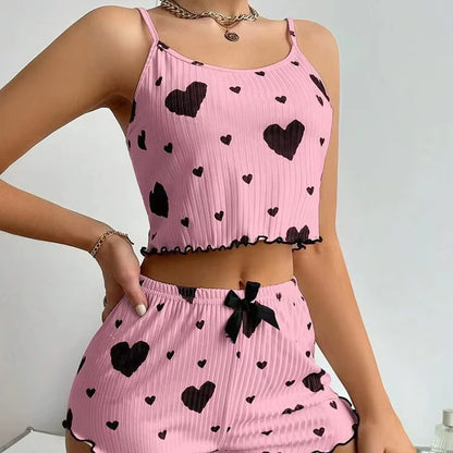 Summer Women’s Pajama Set – Soft & Breathable Love Print | Cute Sleeveless Top & Strap Shorts for Cozy Nights