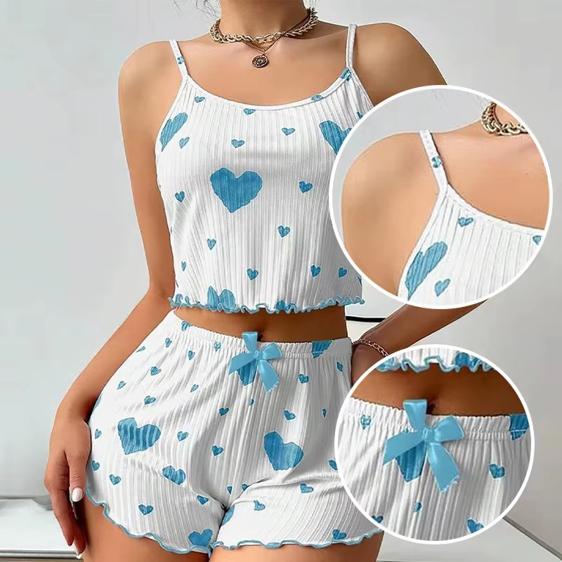 Summer Women’s Pajama Set – Soft & Breathable Love Print | Cute Sleeveless Top & Strap Shorts for Cozy Nights