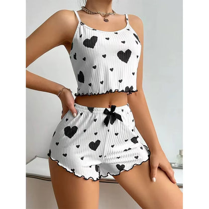 Summer Women’s Pajama Set – Soft & Breathable Love Print | Cute Sleeveless Top & Strap Shorts for Cozy Nights